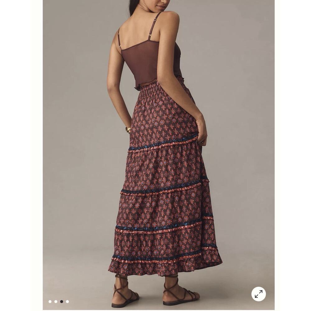 Anthropologie Skirt Genevieve Floral Tiered Maxi Skirt XL Maroon Boho New - Picture 4 of 9